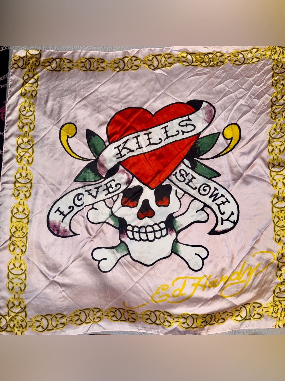 ☠️ Ed Hardy Heart & Skull Silk Scarf in Red, Pink, Green